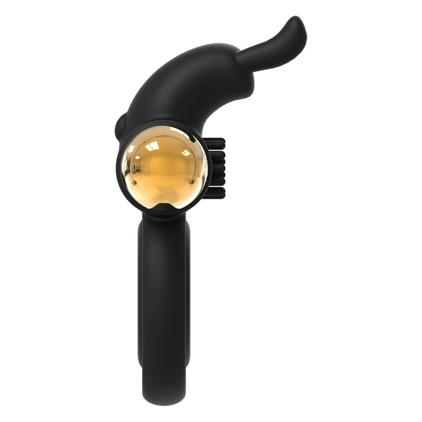 Side view of the black vibrating ring with the gold motor inserted, showing the textured area.