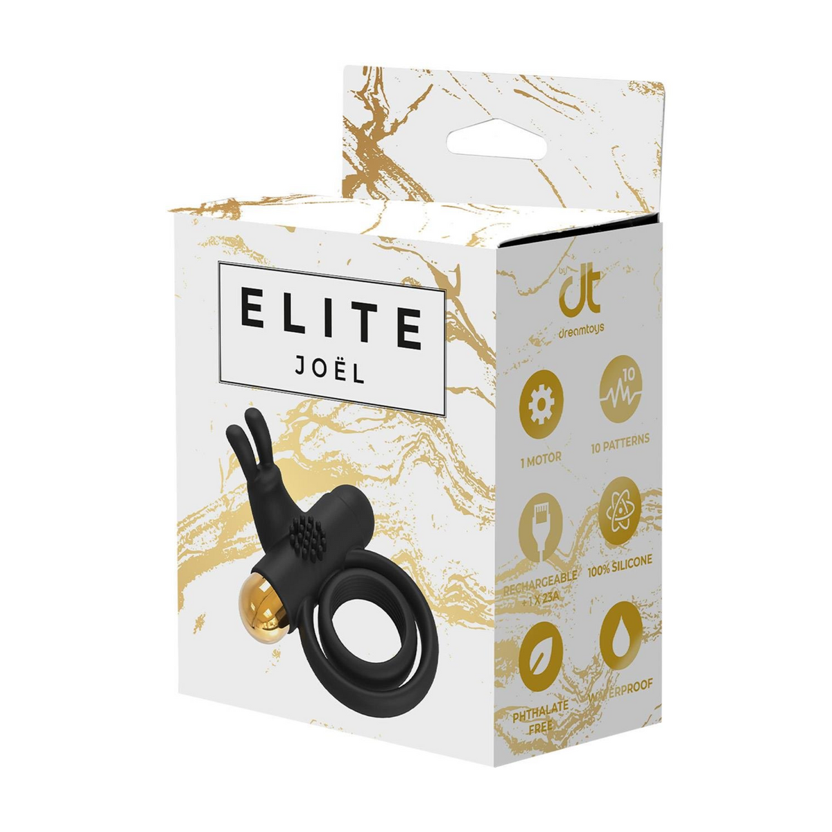 Product packaging for the Elite Joel vibrating ring, featuring a black and gold design and product specs.