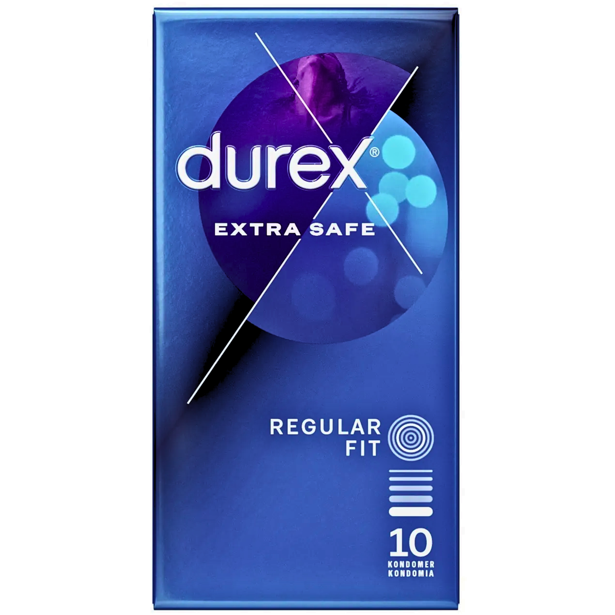The front of a blue Durex Extra Safe condom box. It features a circular graphic of purple and blue light bokeh at the top. Text indicates "Regular Fit" and contains 10 condoms. Main image