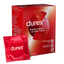 An angled image of the red Durex Thin Feel Ultra Thin 30-pack box standing behind a single red foil condom wrapper labeled "durex." The box lists features like "Regular Fit" and "More Sensitivity, Same Protection.