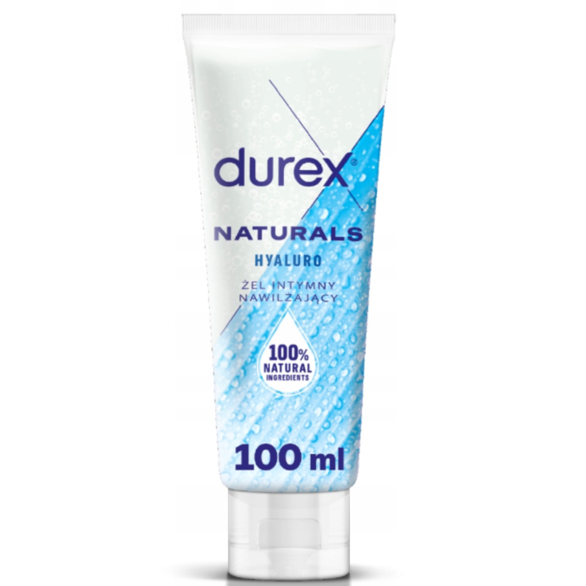 A front-facing image of the Durex Naturals Hyaluro 100ml tube. The packaging is white with a bright blue diagonal leaf graphic covered in water droplets and a '100% Natural Ingredients' seal. Main image