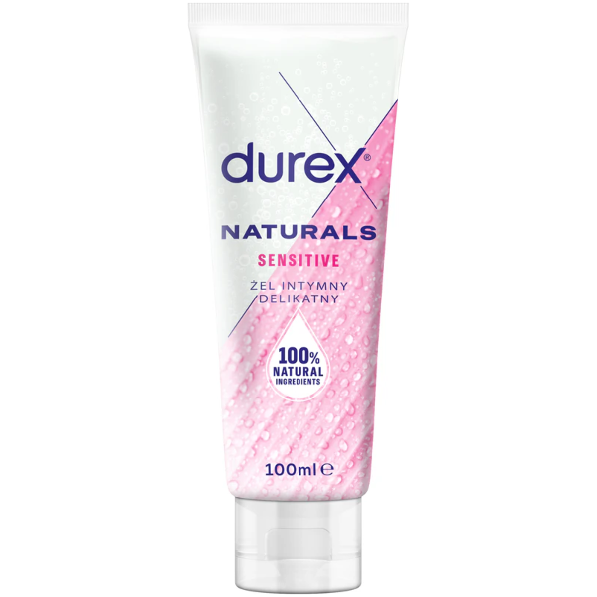 An image of a 100ml tube of Durex Naturals Sensitive. The white tube features a vibrant pink diagonal leaf pattern covered in water droplets and a '100% Natural Ingredients' seal. Main image