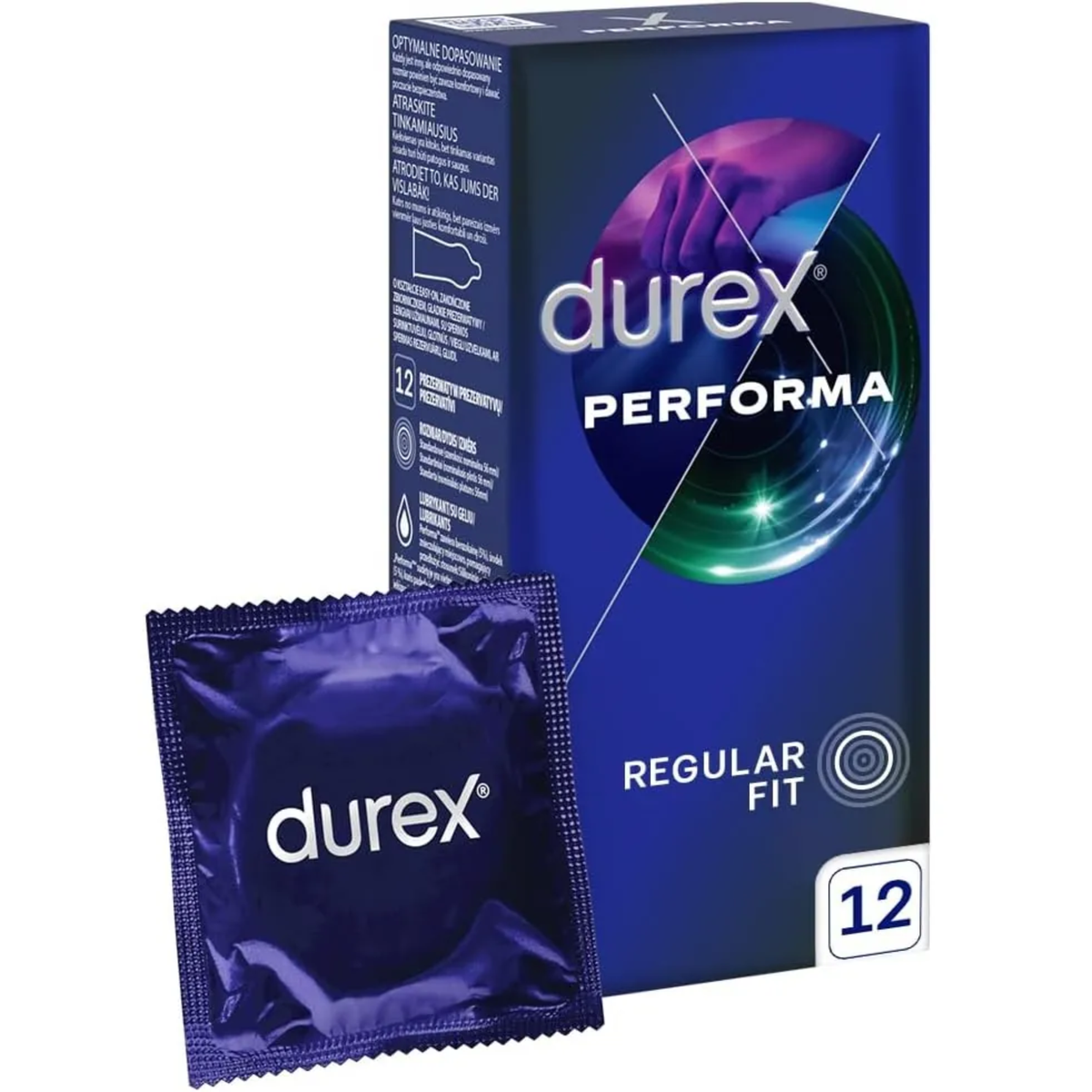 A product shot featuring a dark blue Durex Performa box alongside a single blue foil condom wrapper. The box displays a circular graphic with a purple-tinted silhouette of hands and green light streaks. Text on the side panel is in multiple languages, including Polish and Lithuanian, detailing the "Regular Fit" and "Nominal Width 56mm." The box indicates it contains 12 condoms. Main image