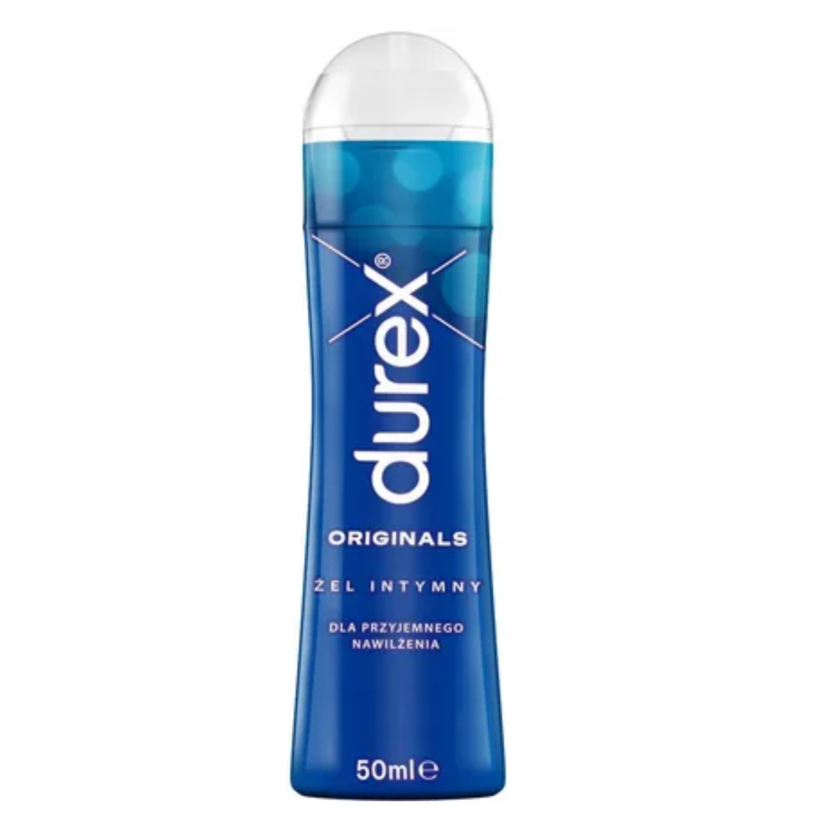 A product shot of a dark blue 50ml Durex Originals Lube bottle on a white background, featuring the Durex logo and text in English and Polish. Main image