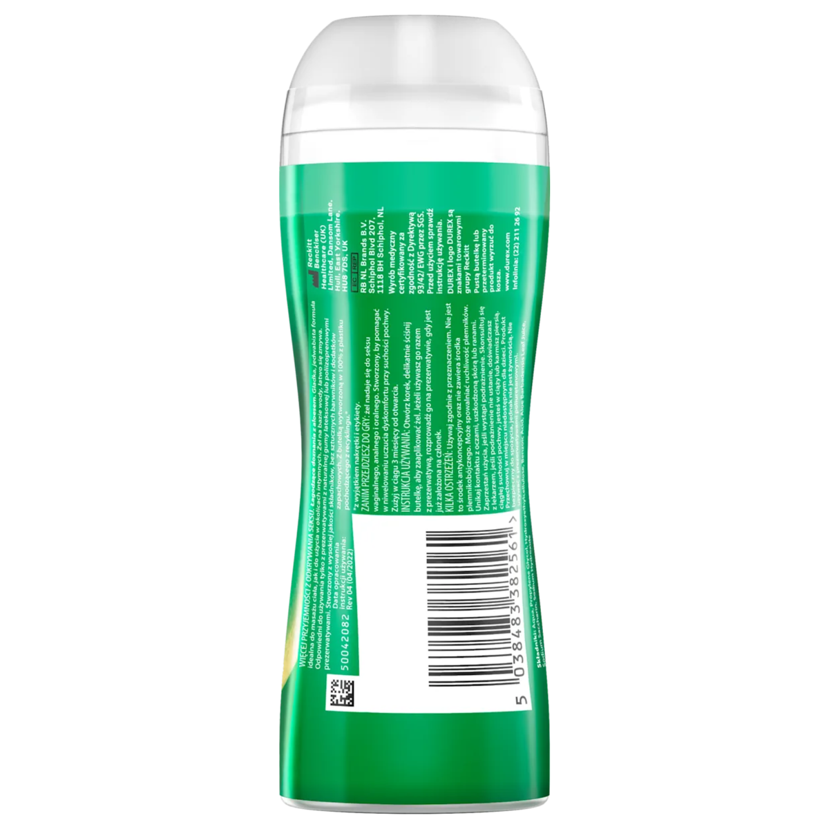 A back-facing image t of a 200ml bottle of Durex Massage Lube with Aloe Vera. The bottle has a curved, ergonomic design with a green and yellow gradient label featuring a graphic of an aloe vera leaf and Polish text describing it as a soothing intimate and massage gel.
