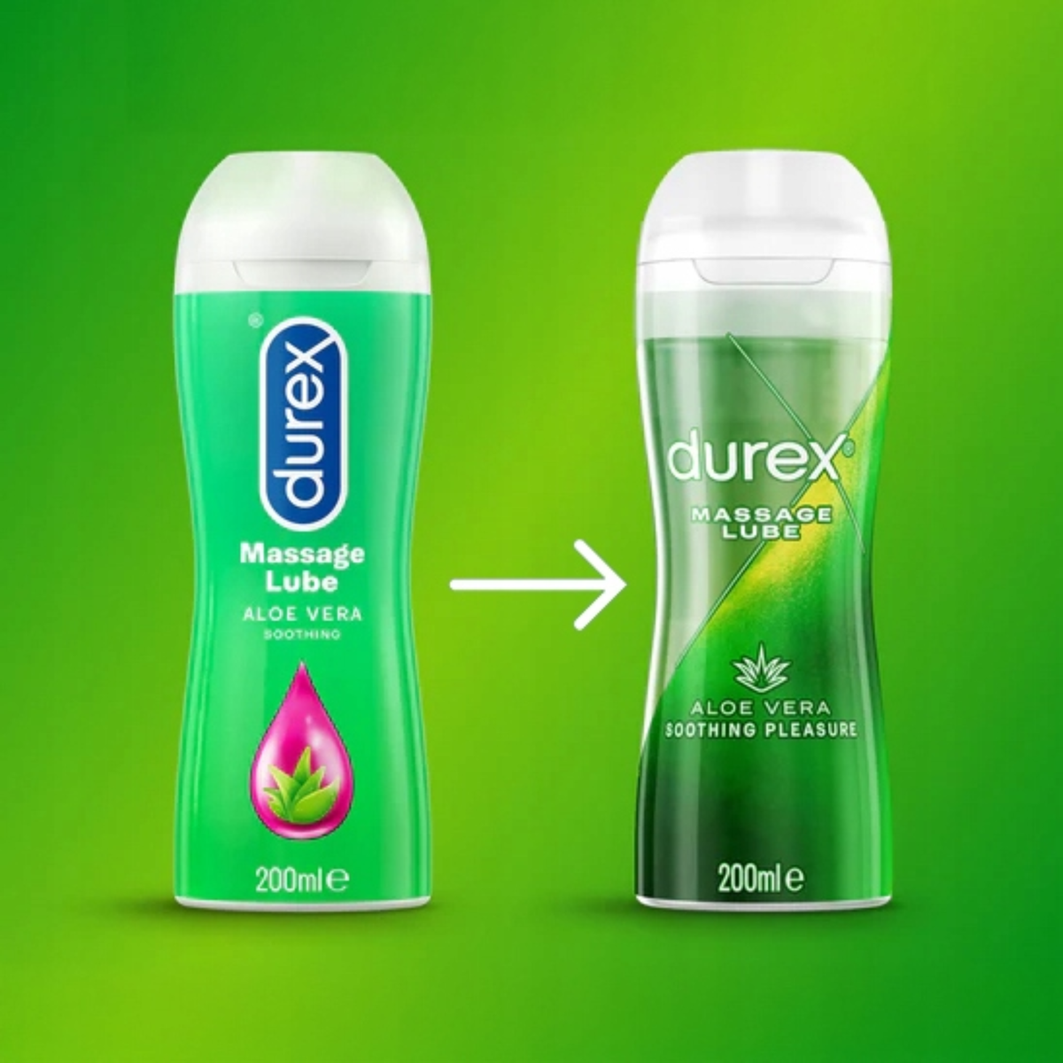 A graphic comparison of the 'Old Pack' versus the updated look for the Aloe Vera Massage Lube. The old bottle on the left is solid bright green with a pink droplet icon, while the new version on the right is translucent with a more modern, textured green aesthetic and a minimalist aloe vera leaf icon.