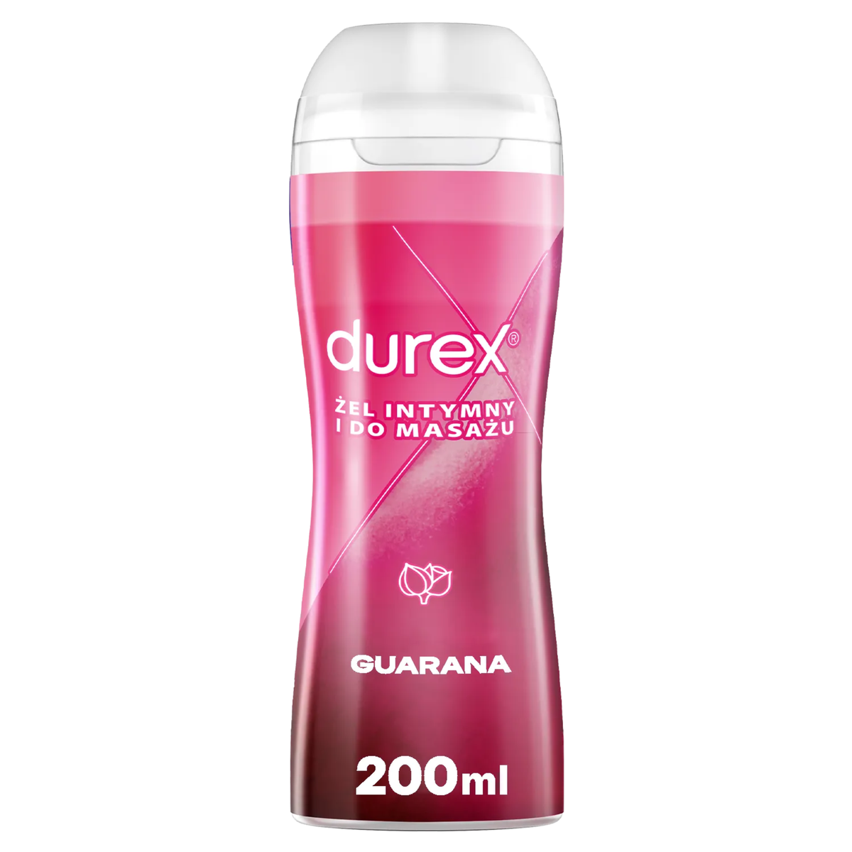 A bottle of Durex stimulating 2-in-1 lube with a Polish label, set against a white background. The bottle is a deep pink/magenta color with a white cap. The label includes the Durex logo, the Polish text "ŻEL INTYMNY I DO MASAŻU" (Intimate Gel and Massage), a guarana leaf icon, the word "GUARANA," and the volume "200ml."