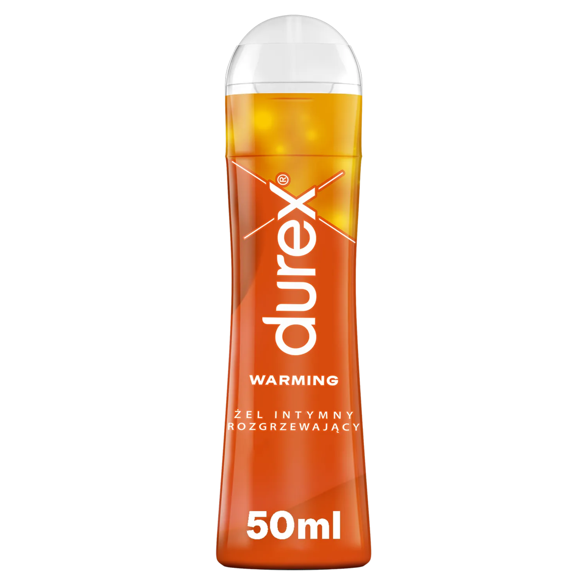 A single bottle of Durex Warming Lube with a Polish label. The bottle is orange and yellow, featuring the Durex logo and "WARMING," along with the Polish text "ŻEL INTYMNY ROZGRZEWAJĄCY" and a volume of "50ml" at the bottom. Main image