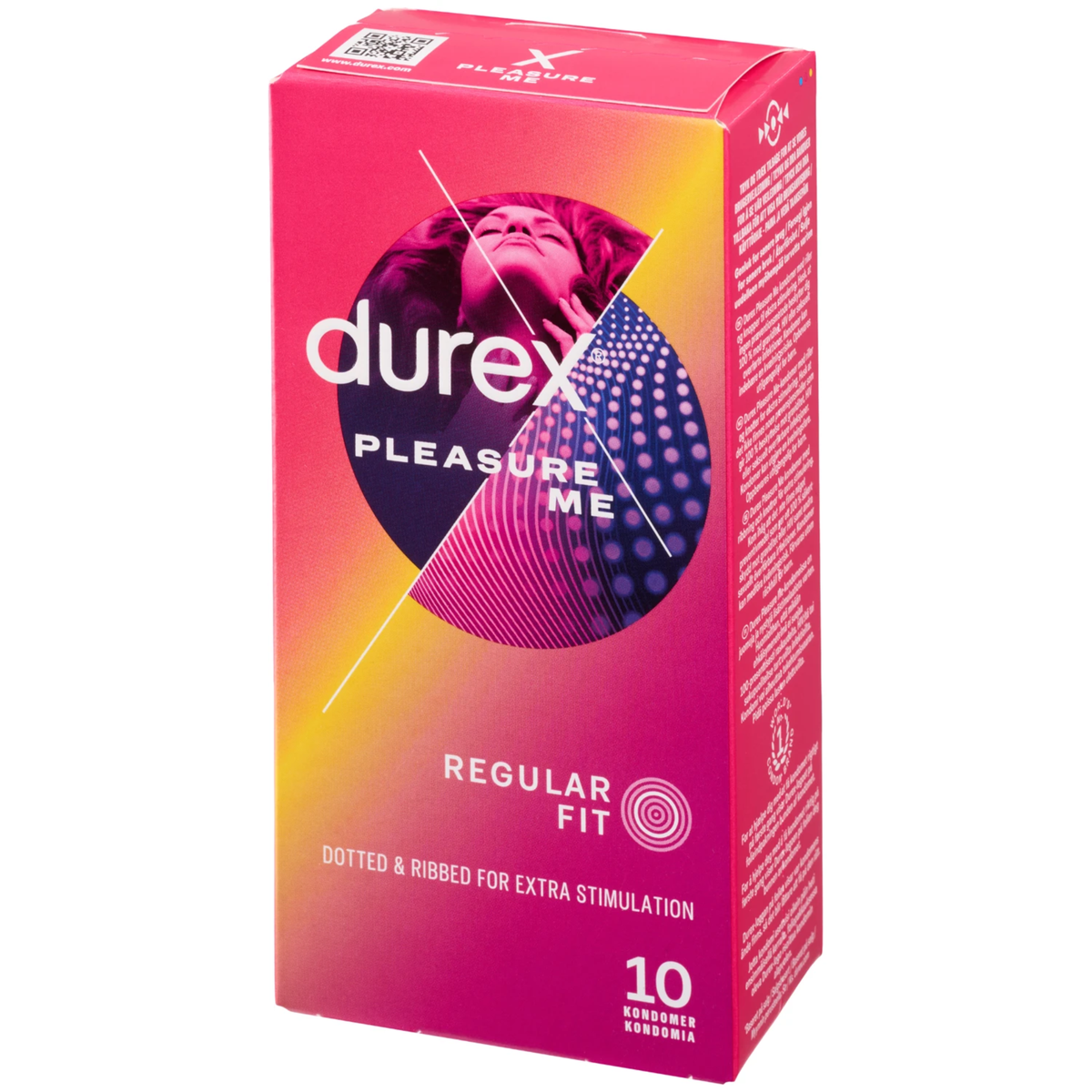 Angled side view of a pink and purple Durex Pleasure Me condom box. Main image