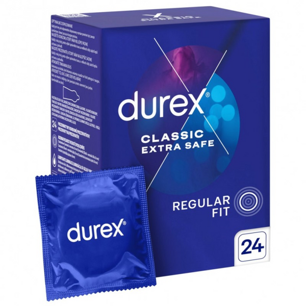 The front of a blue Durex Extra Safe condom box. It features a circular graphic of purple and blue light bokeh at the top. Text indicates "Regular Fit" and contains 24 condoms.