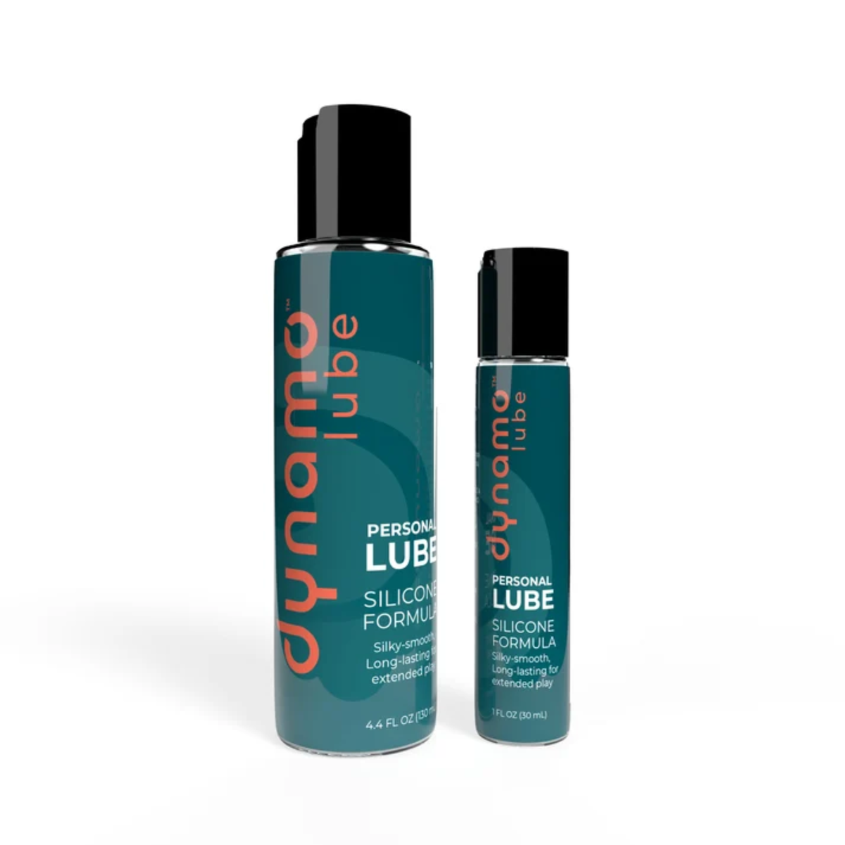 Size comparison studio shot showing both the 4.4 fl oz (130 ml) and 1 fl oz (30 ml) bottles of Dynamo Silicone Personal Lube standing side by side. Main image