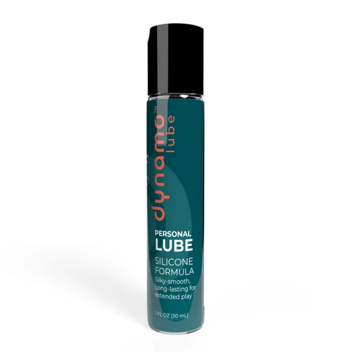 Isolated product view of the compact 1 fl oz (30 ml) travel-size bottle of Dynamo Silicone Personal Lube with a black cap.