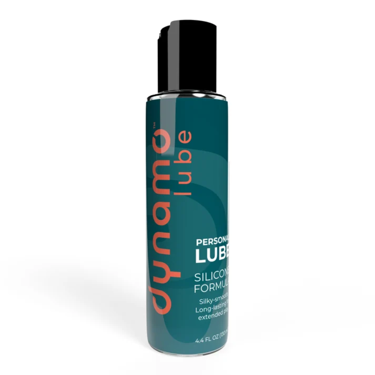 Direct studio view of the 4.4 fl oz (130 ml) teal bottle of Dynamo Silicone Personal Lube with a black cap and coral branding.