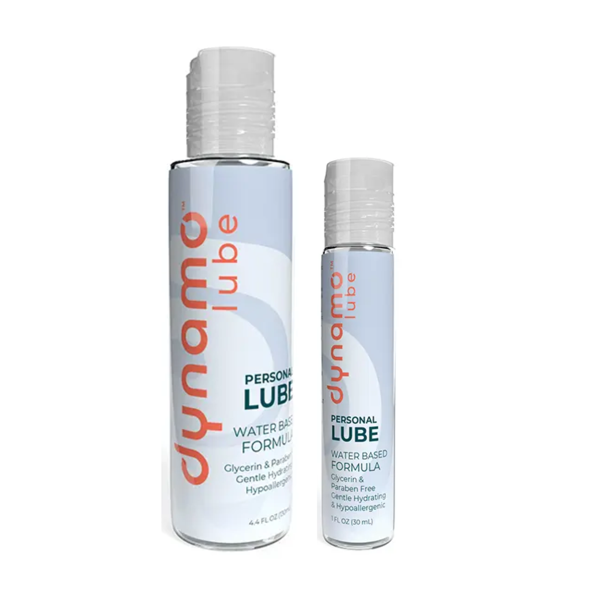 Size comparison studio shot displaying both the 4.4 fl oz (130 ml) and 1 fl oz (30 ml) bottles of Dynamo Water Based Personal Lube standing side by side.