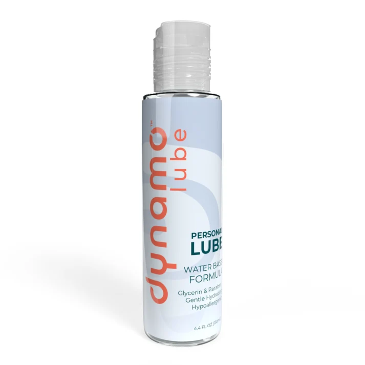 Direct studio shot of the larger 4.4 fl oz (130 ml) bottle of Dynamo Water Based Personal Lube with a clear cap and orange and teal branding. Main image