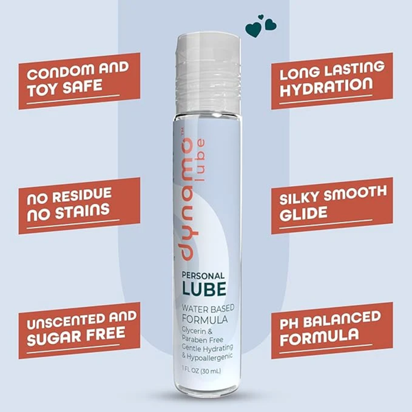 Product feature graphic displaying the 1 fl oz bottle of Dynamo Water Based Lube surrounded by text boxes highlighting key features: condom and toy safe, long-lasting hydration, no residue/stains, silky smooth glide, unscented/sugar-free, and pH balanced formula.