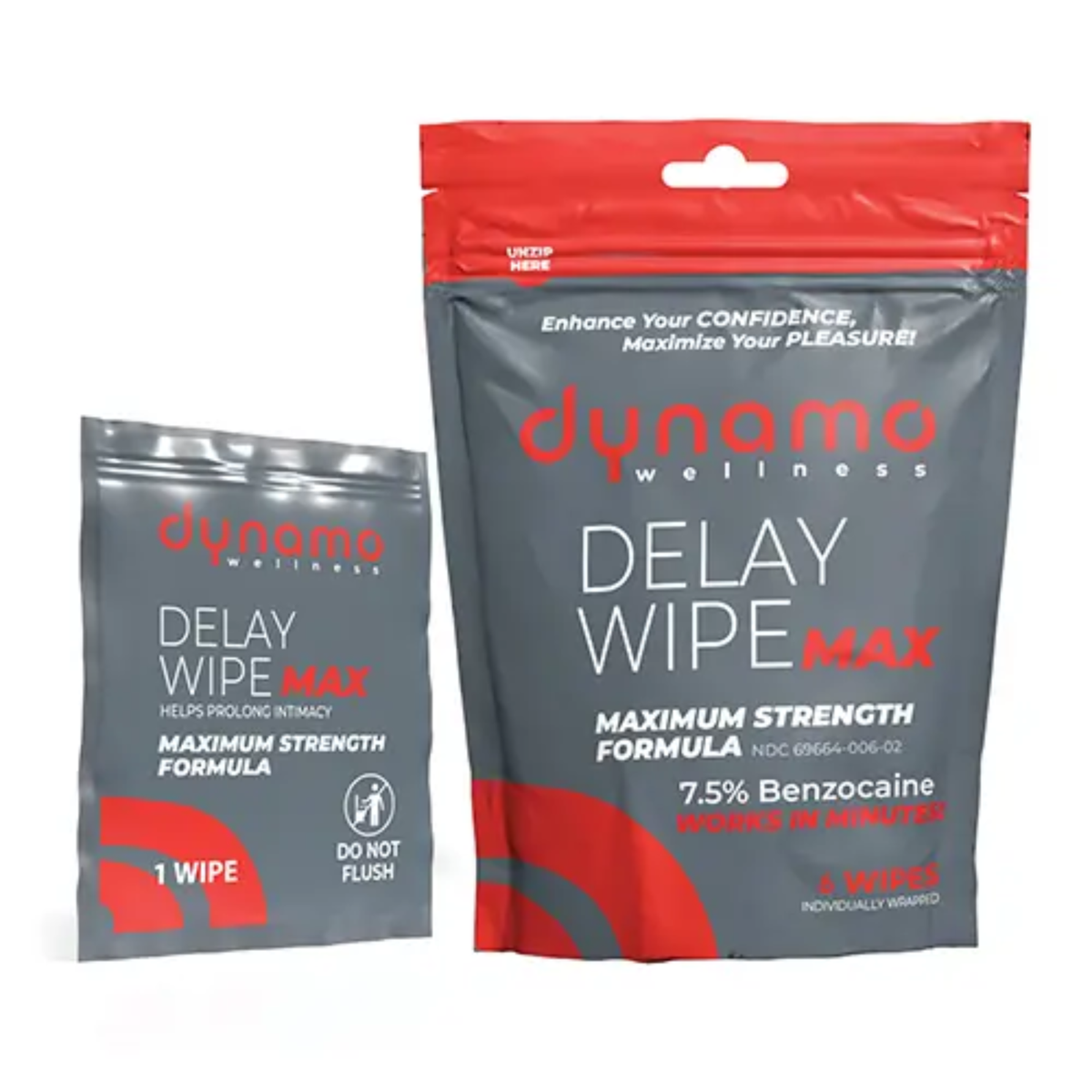 Product set view showing a 6-count resealable pouch of Dynamo Wellness Delay Wipe Max next to an individually wrapped single wipe packet. Main image