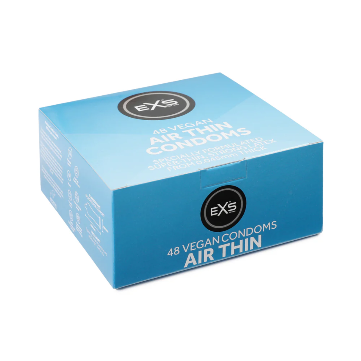 Studio product shot of a light blue bulk box of EXS 48 Vegan Air Thin Condoms sitting at a three-quarter angle against a white background. Main image