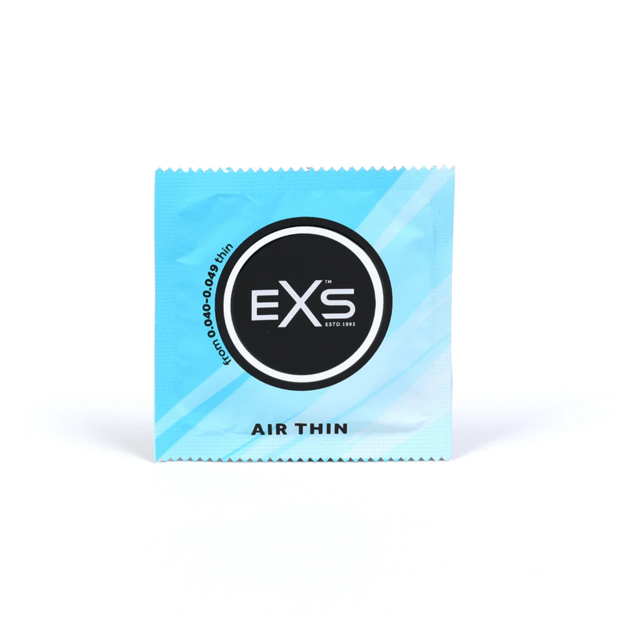 Front view of a single sealed light blue foil wrapper for an EXS Air Thin condom, centered on a plain white background.
