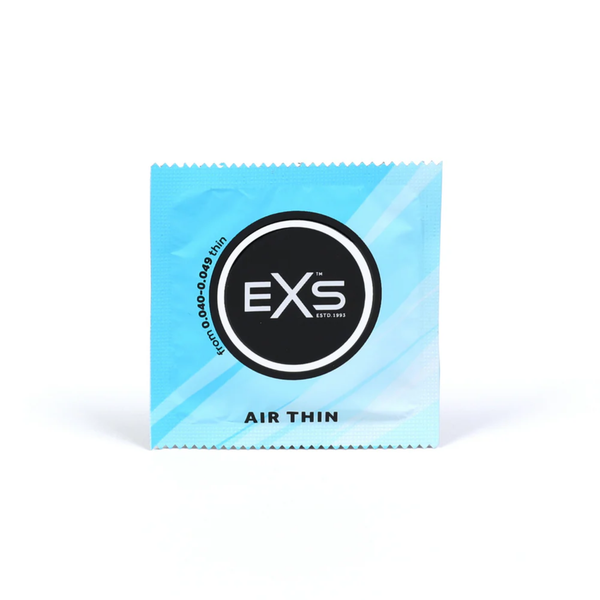 Front view of a single sealed light blue foil wrapper for an EXS Air Thin condom, centered on a plain white background.
