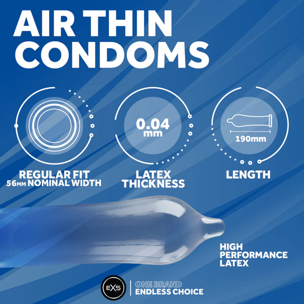 Specification infographic for EXS Air Thin Condoms set against a blue background, illustrating a 56mm nominal regular fit width, 0.04mm latex thickness, 190mm length, and high-performance latex construction.