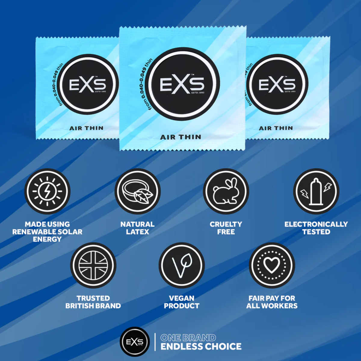 An infographic set against a blue background detailing product features above three light blue EXS Air Thin condom foil wrappers. Feature icons highlight solar energy manufacturing, natural latex, cruelty-free certification, electronic testing, British branding, vegan formula, and fair pay practices.