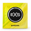 Front view of a single bright yellow EXS Banana Flavored condom foil wrapper centered against a clean white background.