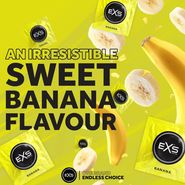 Promotional graphic set against a yellow background showing floating yellow EXS Banana condom wrappers and banana slices. Overlay text reads "AN IRRESISTIBLE SWEET BANANA FLAVOUR".