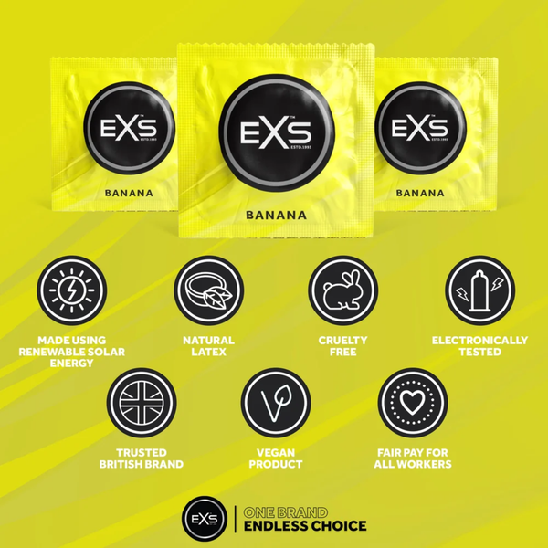 An infographic set against a yellow background detailing product features below three yellow EXS Banana condom foil wrappers. Feature icons highlight solar energy manufacturing, natural latex, cruelty-free certification, electronic testing, British branding, vegan formula, and fair pay practices.