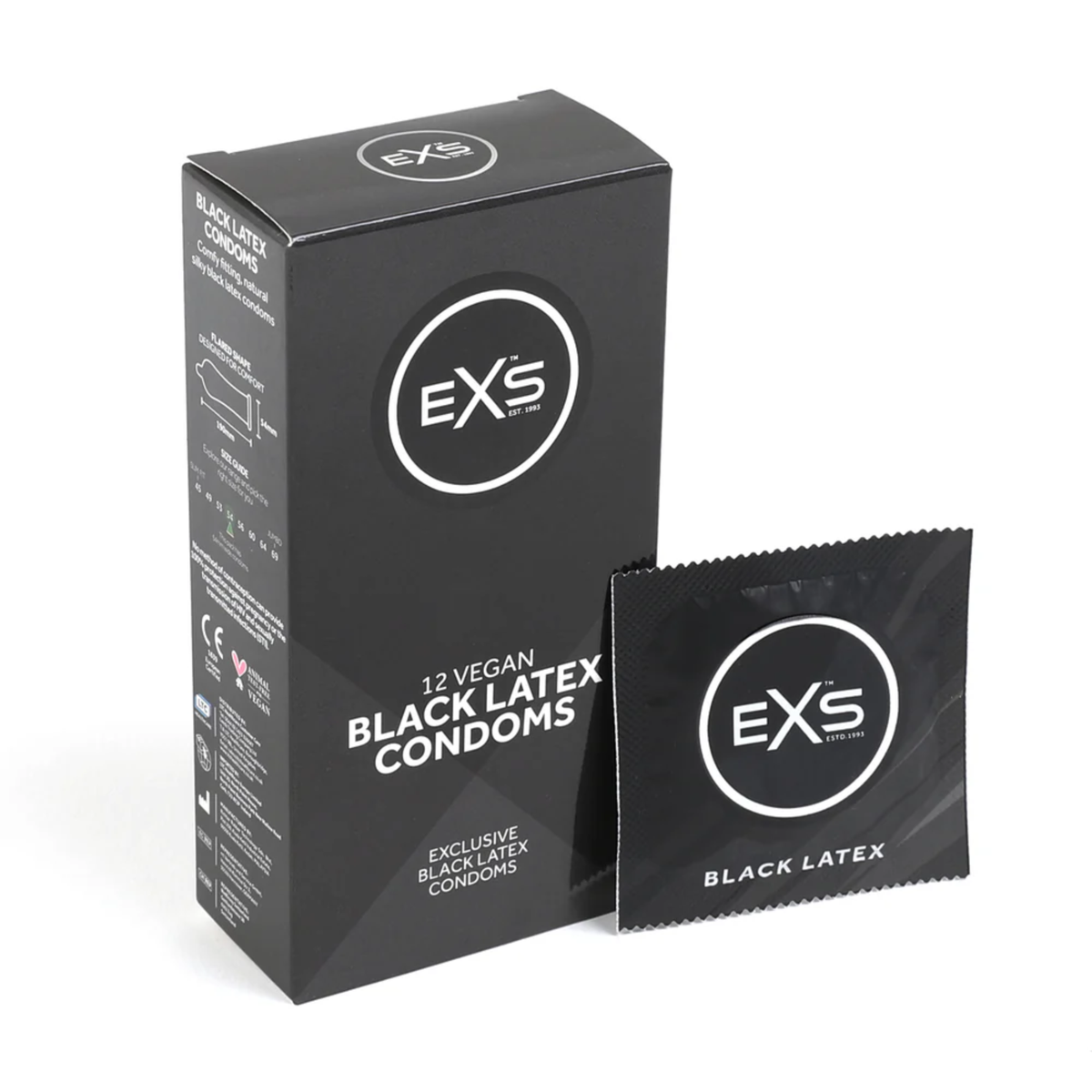 Studio product shot showing the black box of EXS 12 Vegan Black Latex Condoms standing next to a single sealed black foil wrapper on a white background. Main image