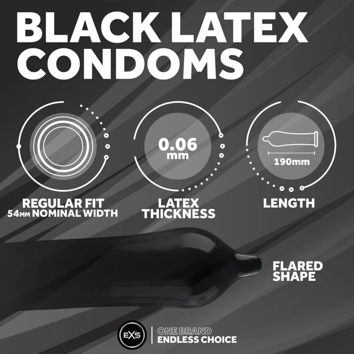 Specification infographic for EXS Black Latex Condoms, illustrating a 54mm nominal regular fit width, 0.06mm latex thickness, 190mm length, and a flared shape design.