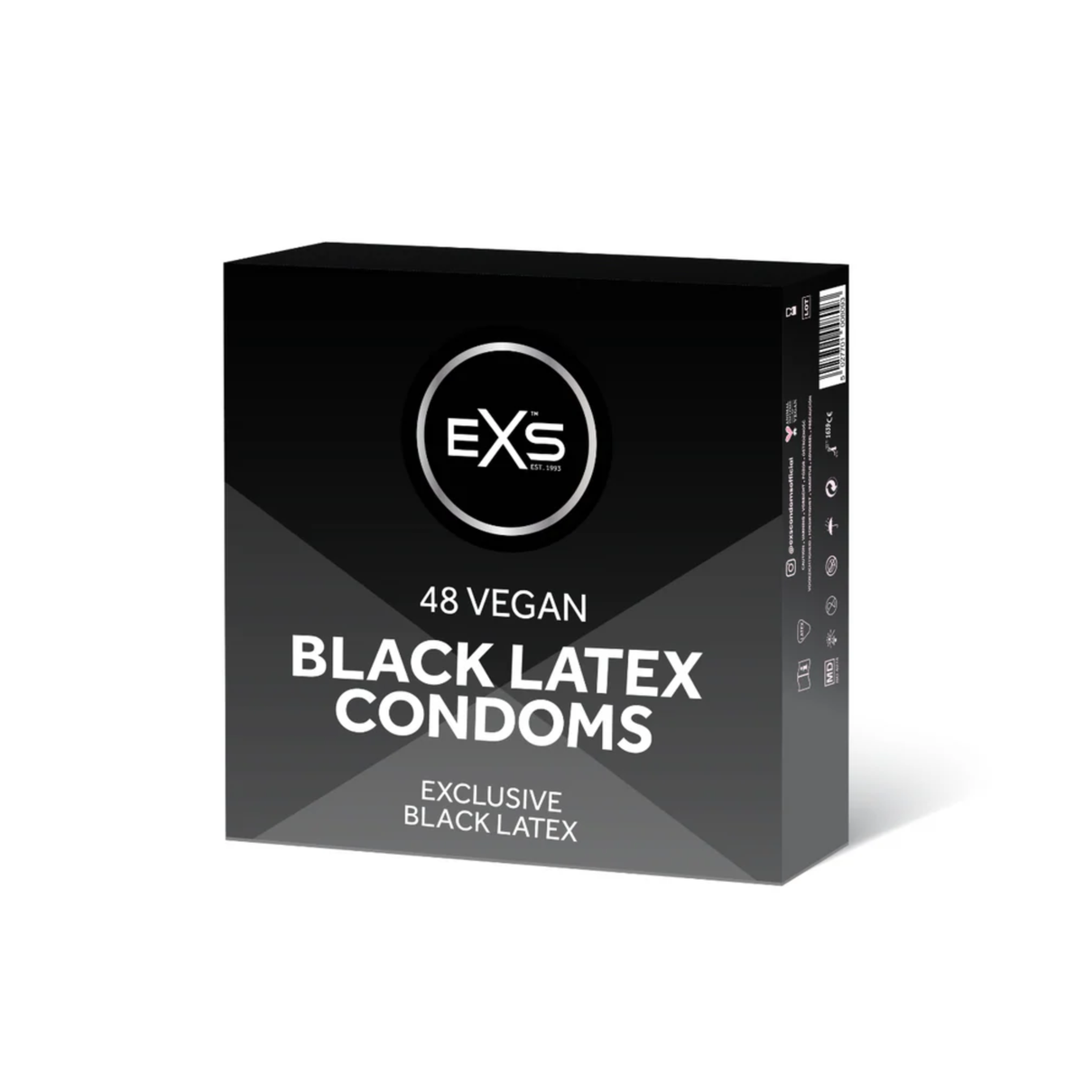 Studio product shot showing the dark gray bulk box of EXS 48 Vegan Black Latex Condoms standing at a three-quarter angle against a white background. Main image