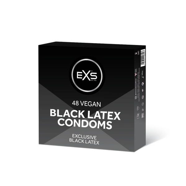 Studio product shot showing the dark gray bulk box of EXS 48 Vegan Black Latex Condoms standing at a three-quarter angle against a white background.