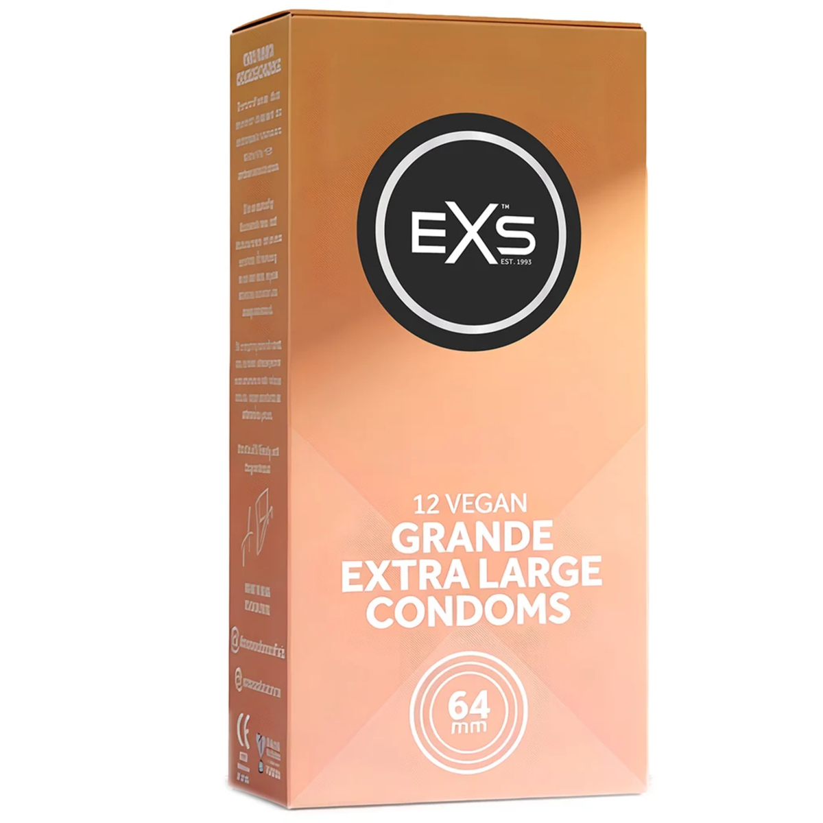 Studio product photo of the peach-colored EXS 12 Vegan Grande Extra Large Condoms (64mm) box standing at an angle against a solid white background. Main image