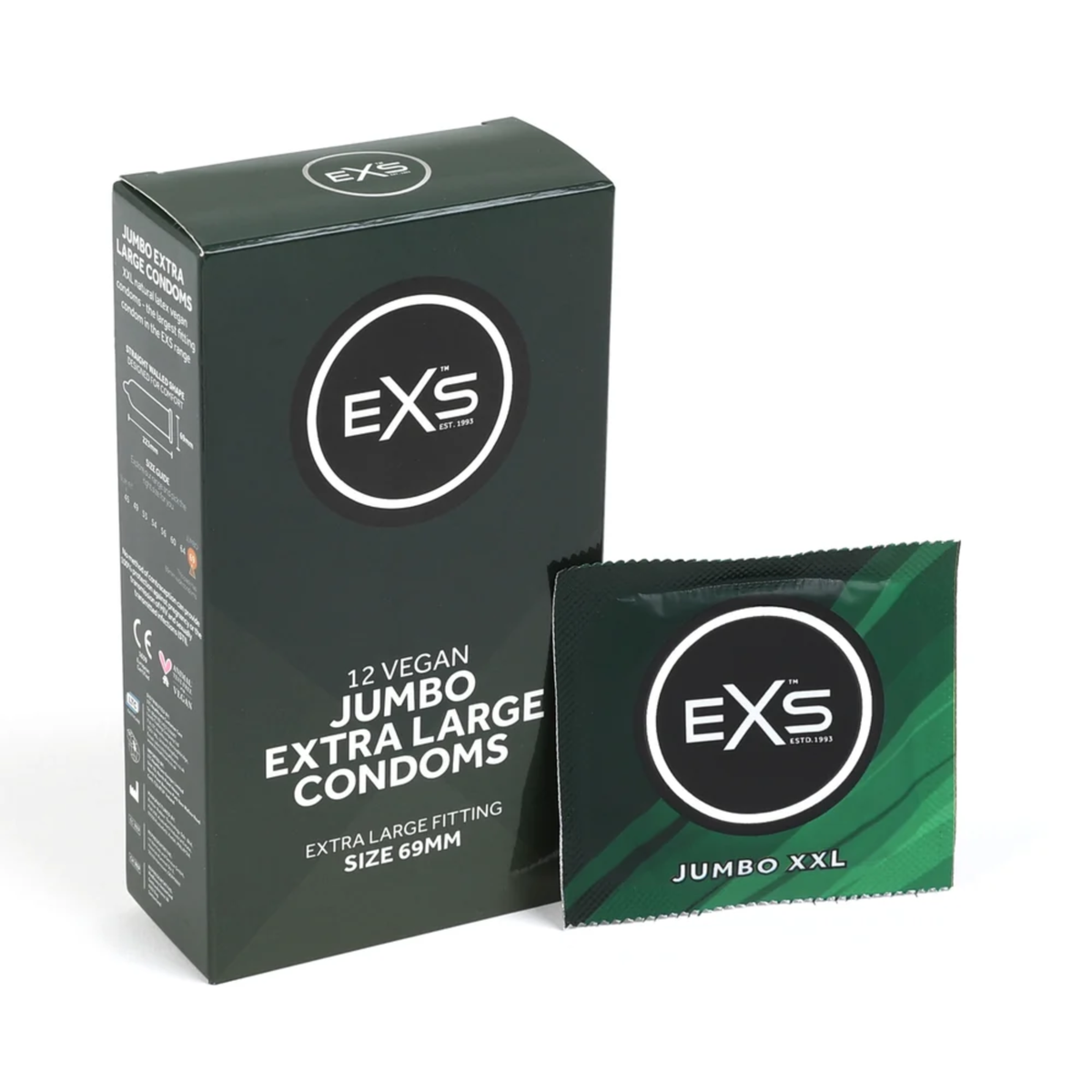 Studio product shot showing the dark green box of EXS 12 Vegan Jumbo Extra Large Condoms standing next to a single sealed dark green foil wrapper against a plain white background. Main image