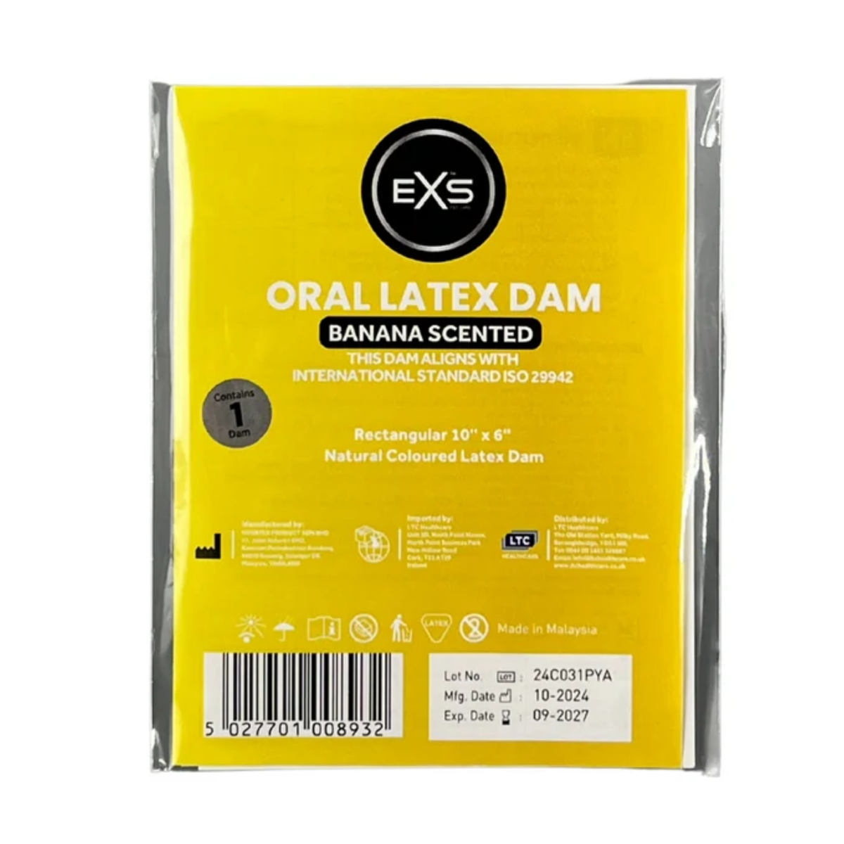 Front view of a single-pack bright yellow EXS Banana Scented Oral Latex Dam in clear plastic packaging, featuring white product text, dimensions (10" x 6"), safety icons, and a barcode at the bottom. Main image