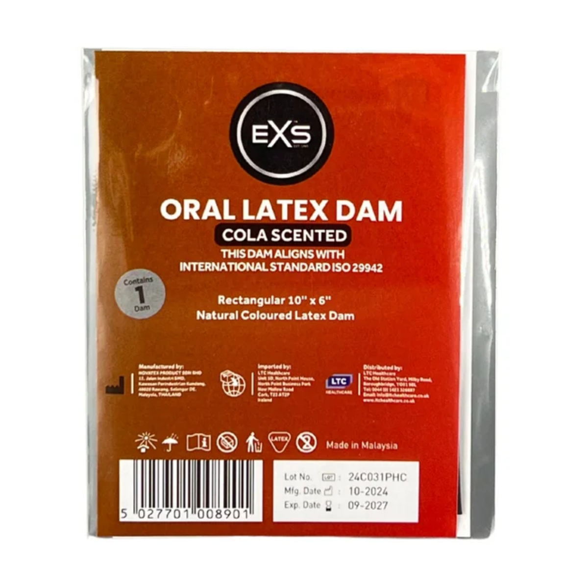 Front view of a single-pack brown and red-orange EXS Cola Scented Oral Latex Dam in clear plastic packaging, featuring white product text, dimensions (10" x 6"), safety icons, and a barcode at the bottom. Main image
