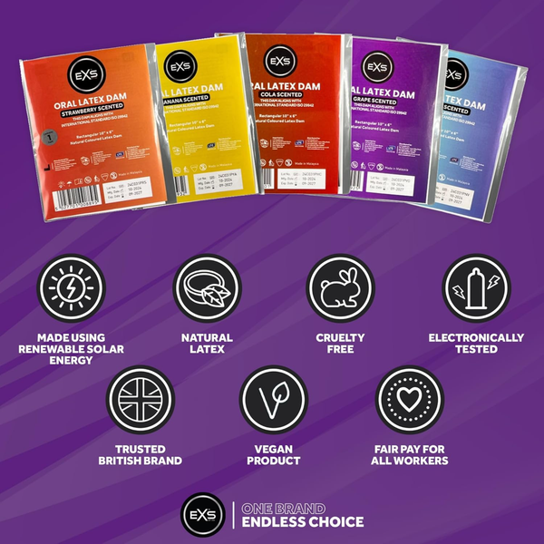 Infographic set against a purple background showcasing five EXS Oral Latex Dam varieties—Strawberry, Banana, Cola, Grape, and Vanilla—above seven brand value icons highlighting solar energy manufacturing, natural latex, cruelty-free certification, electronic testing, British branding, vegan formula, and fair pay.