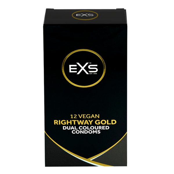 Front view of the black and gold retail box for EXS 12 Vegan Rightway Gold Dual Coloured Condoms.