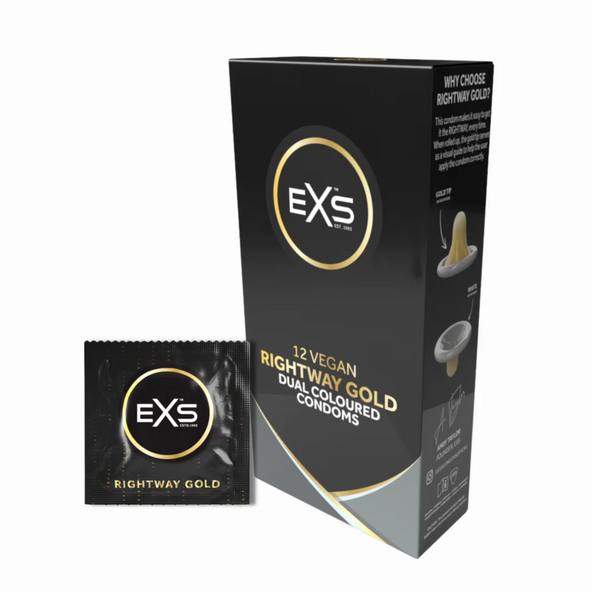 A retail box of EXS Rightway Gold Condoms next to a single foil wrapper. 