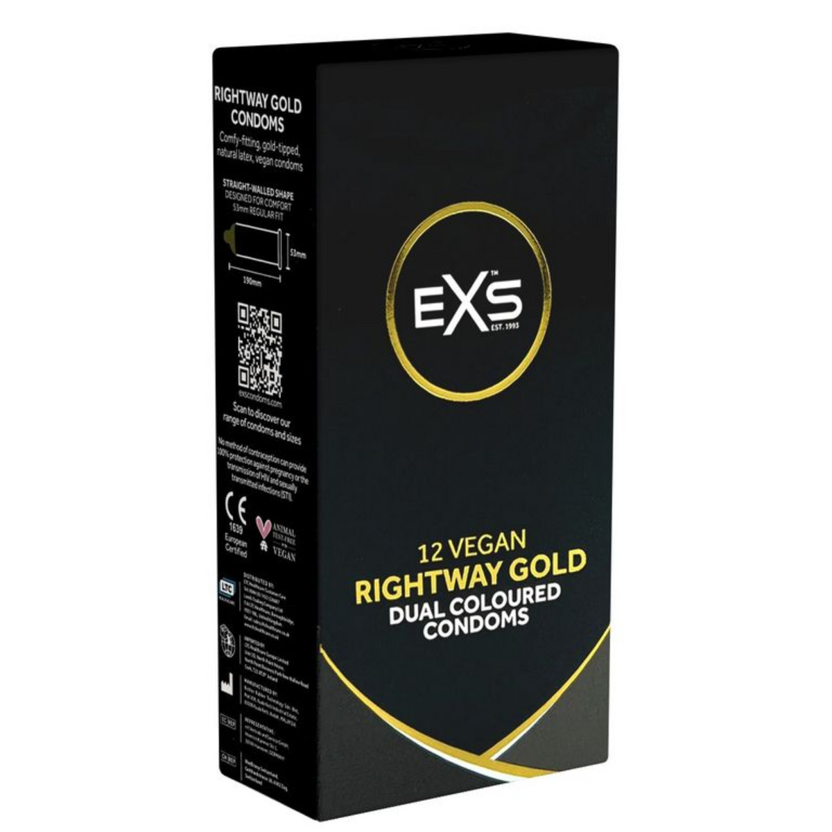 Side view of the black and gold retail box for EXS Rightway Gold Dual Colored Condoms, showing product details including the straight-walled shape, dimensions (53mm regular fit), CE mark, and the vegan logo. Main image