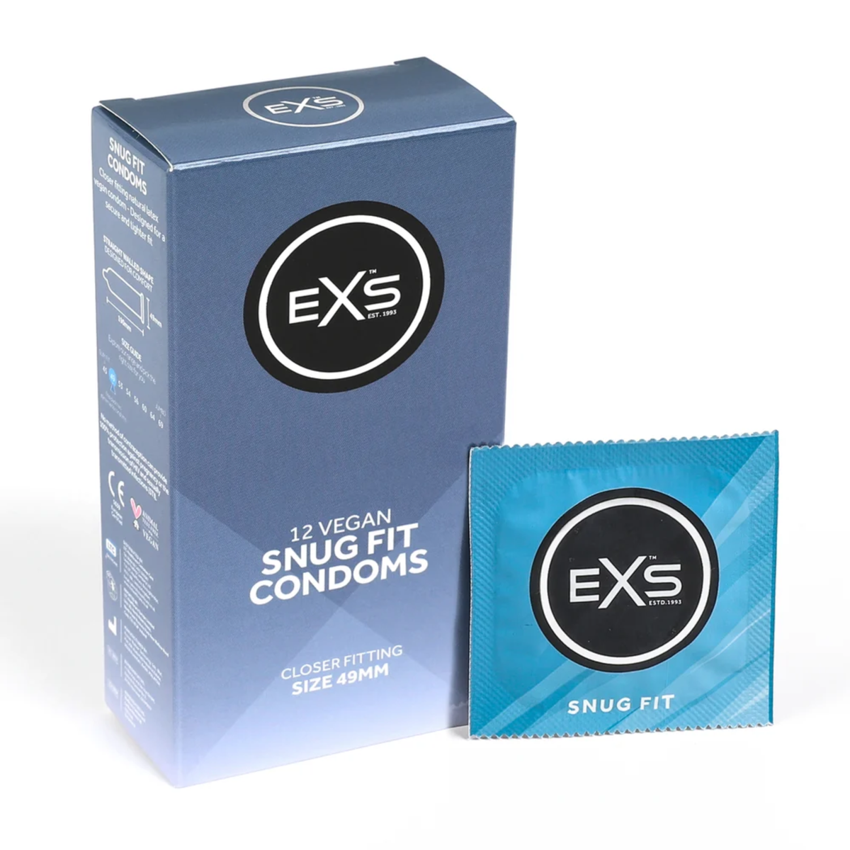 Studio product shot showing the blue box of EXS 12 Vegan Snug Fit Condoms standing next to a single sealed blue foil wrapper against a plain white background. Main image