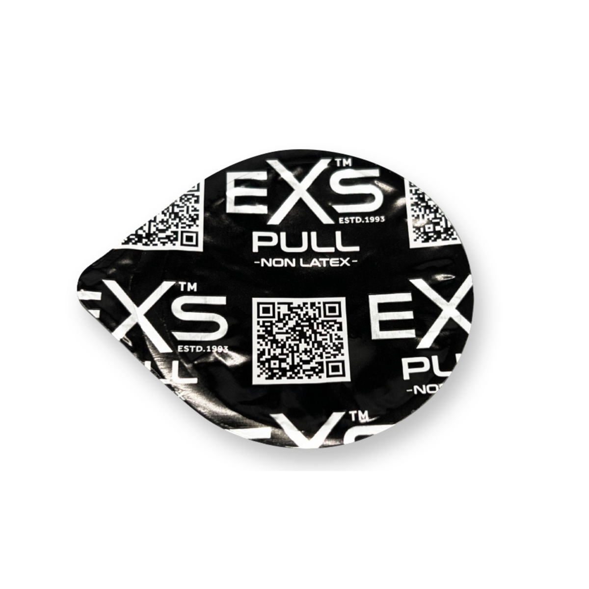 An image of a single, black-and-white foil-wrapped condom packet from the brand EXS. The wrapper is marked with the brand's logo, which features the text "EXS PULL" and "ESTD. 1993." A QR code is visible in the center of the packet. The product is labeled as "NON LATEX." Main image