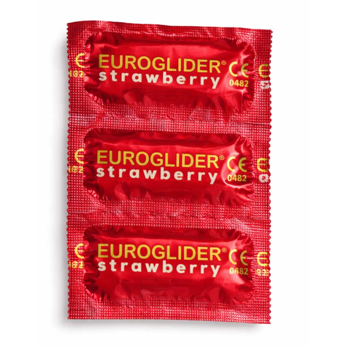 Direct top-down view of a 3-pack strip of EuroGlider Strawberry condoms in metallic red foil packaging with yellow branding and CE markings. Main image
