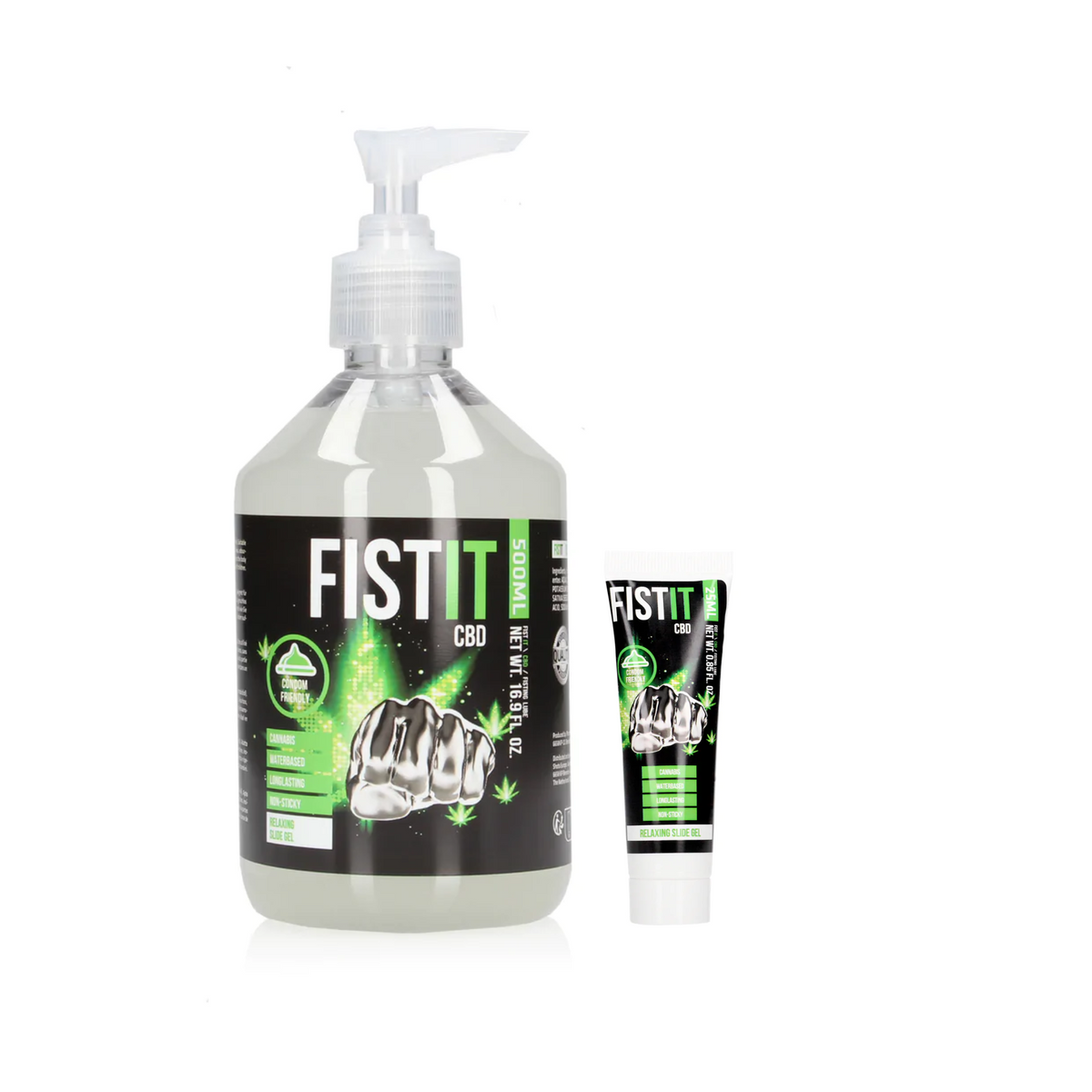 An image of two products that are labeled FISTIT CBD Water-Based. The larger item on the left is a clear, plastic pump bottle containing a transparent gel.  The smaller item on the right is a small, squeeze tube. The background is solid white. Main image