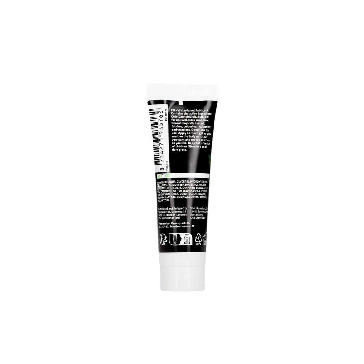 A back image of a small squeeze tube of FISTIT CBD Lube. The tube has a black label with bright green and white accents. The background is solid white.
