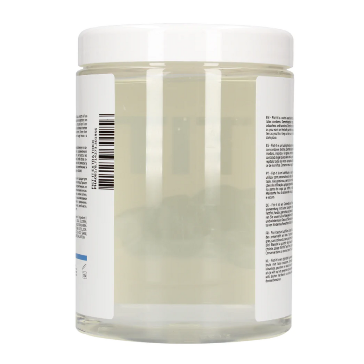 Back view of the FIST IT Extra Thick 1 Liter lubricant jar, showing the clear product and multilingual instructions visible on the label.
