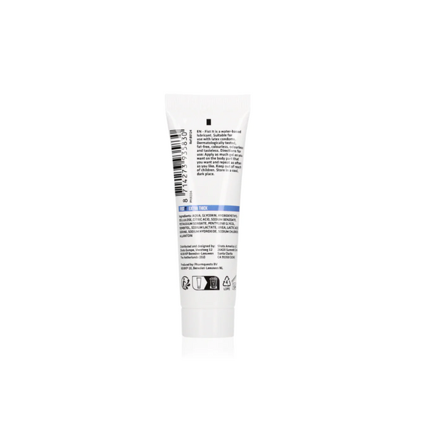 Back view of the 25ml lubricant tube, showing the barcode, multi-language instructions, and ingredient list.