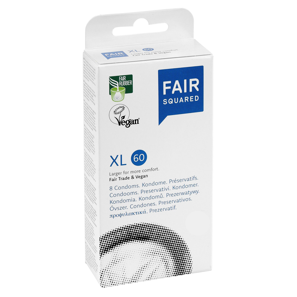 Studio product shot of the white and blue Fair Squared XL 60 condom box standing at a three-quarter angle against a plain white background, featuring the Fair Rubber and Vegan logos. Main image