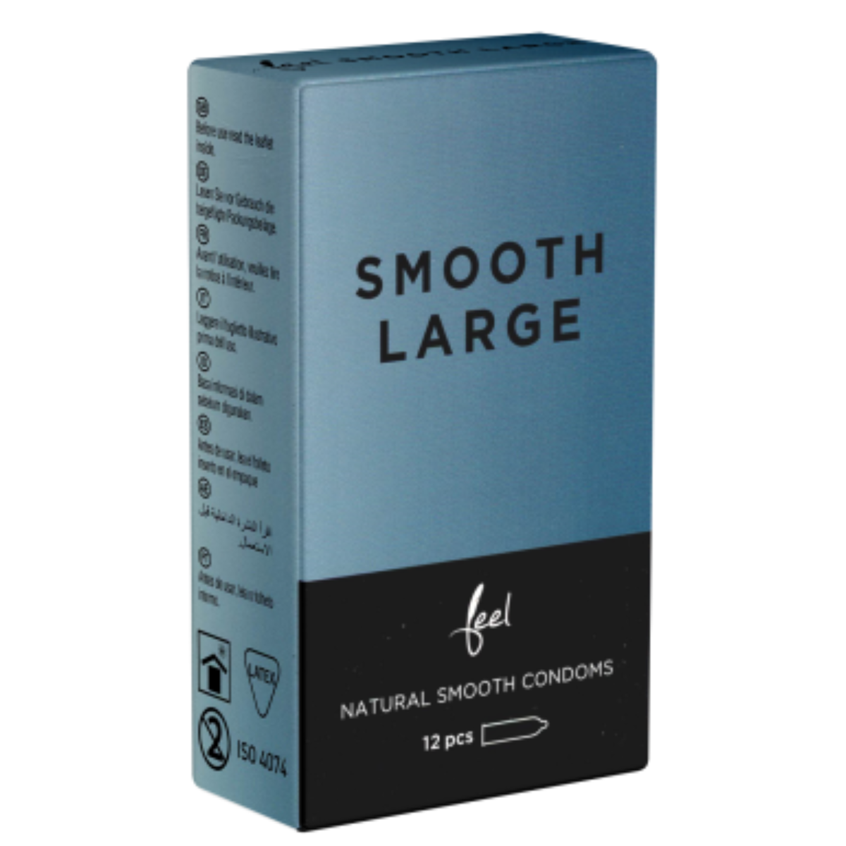 Studio product shot of the Feel Smooth Large Condoms 12-pack box standing upright at a three-quarter angle against a white background, featuring a muted slate blue upper half and a black base with white branding. Main image
